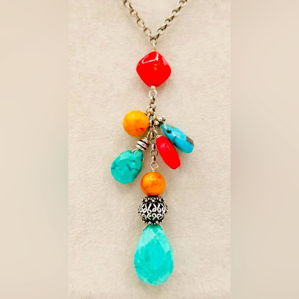 Turquoise, Coral, Red Tagua Nut & 925 Sterling Silver Y-Necklace 18" ~ 1950s